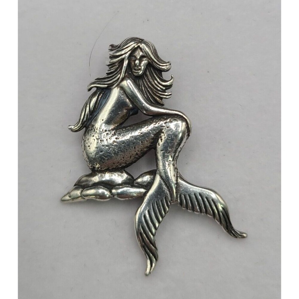 Sterling Silver Mermaid Pendant Pendant Sitting On Rocks 1.5" Long 925